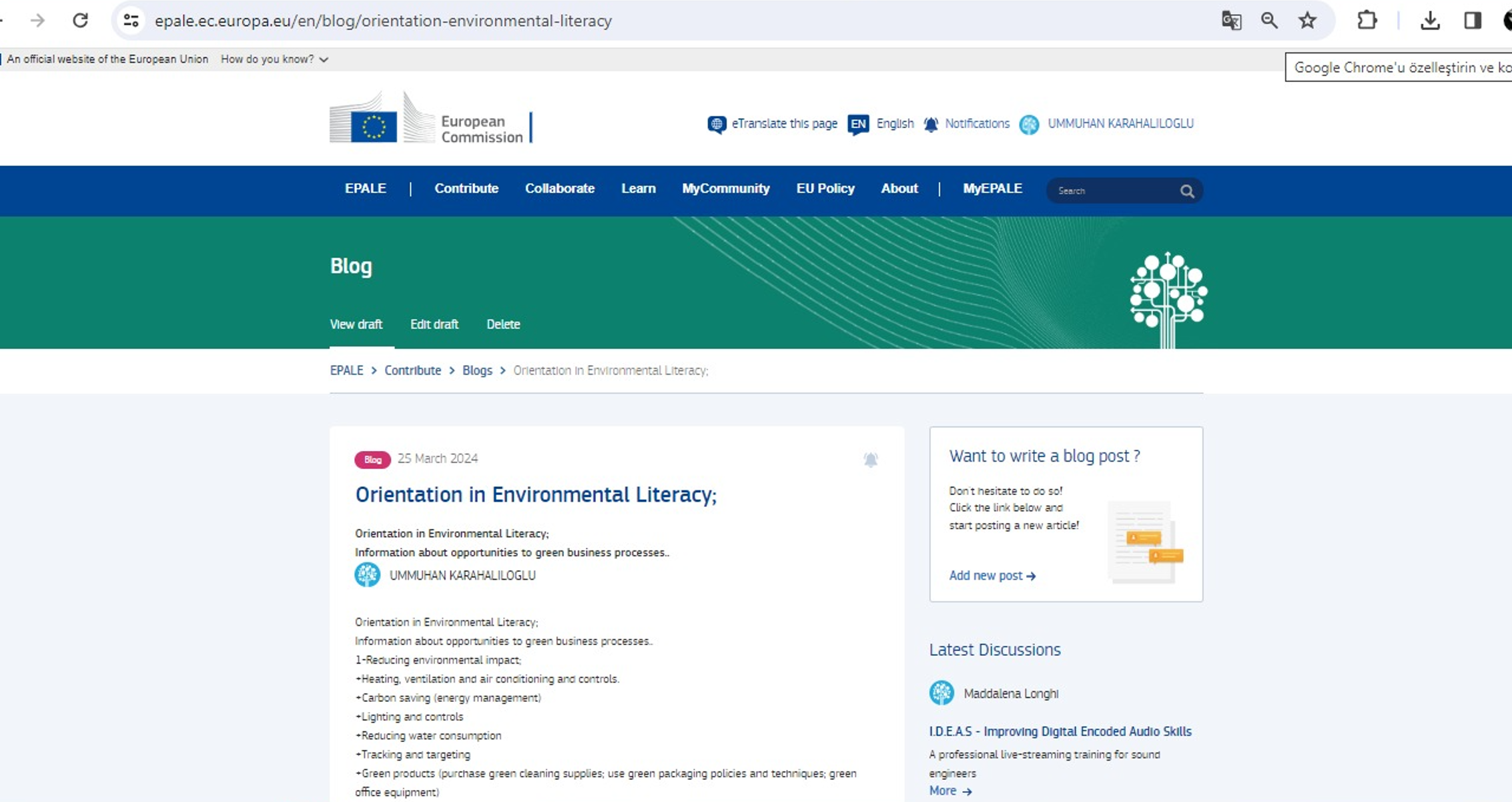 Our article about environmental literacy, an important outcome of our project numbered 2021-2-ES01-KA210-SCH-000048256, has been published on the EPALE platform.